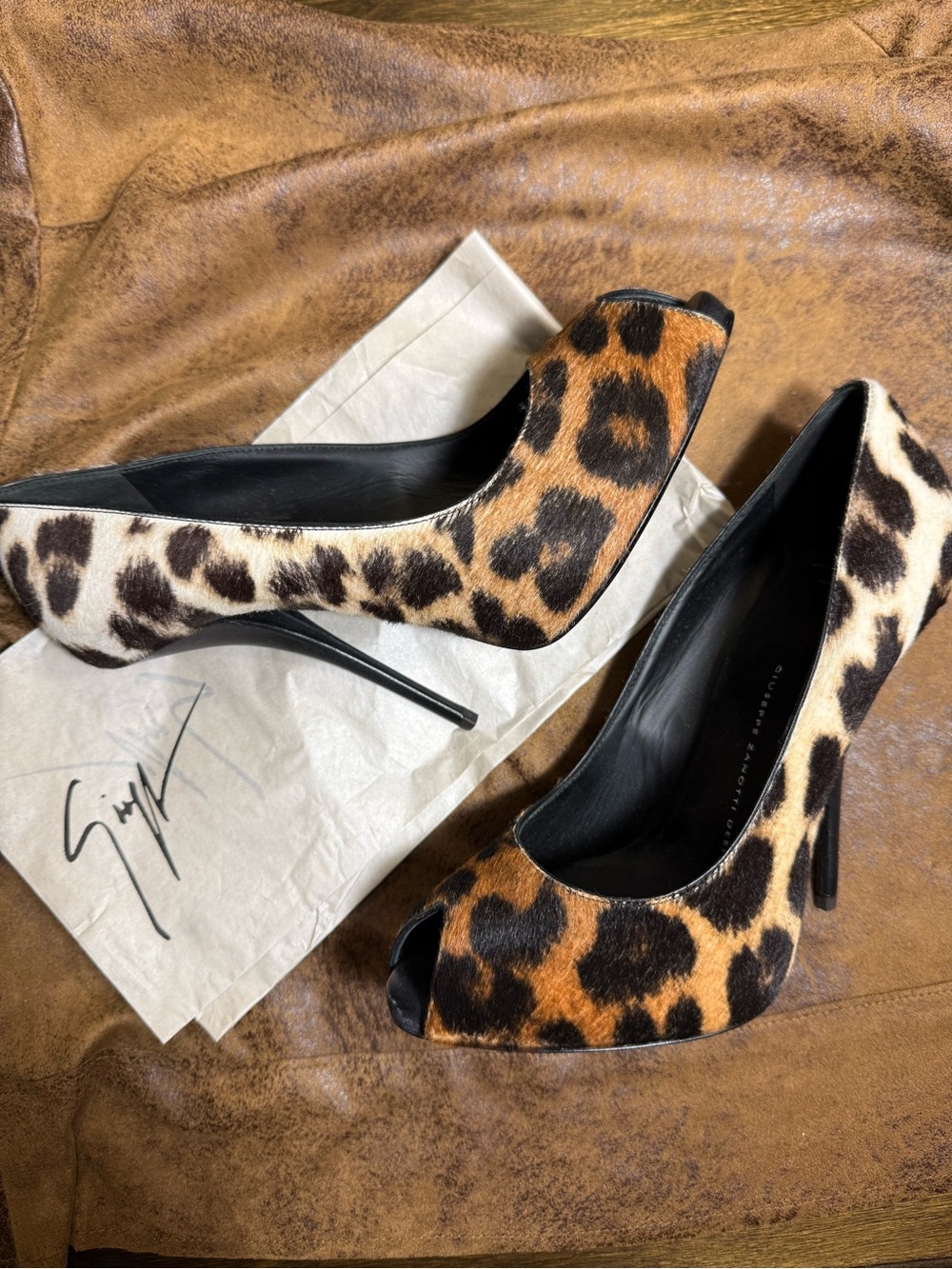 57. NWOT Giuseppe Zanotti Leopard Print Peep-Toe Stilettos - Brown/Black